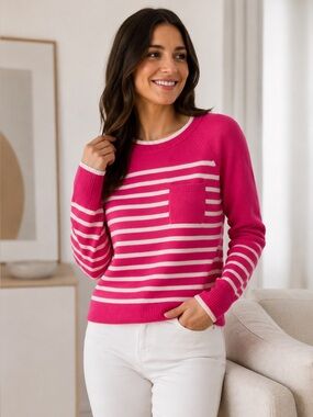 Talbots Pink and White Striped Crew Neck Sweater